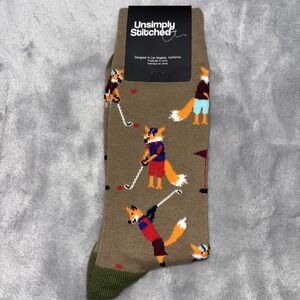 Unsimply Stitched Brown Golfing Fox Printed Crew Socks Mens Size 8-12